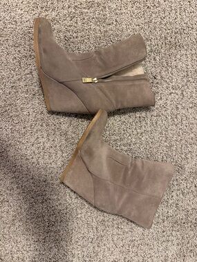 Coach Taupe Suede Wedge Ankle Boots with Gold Zip